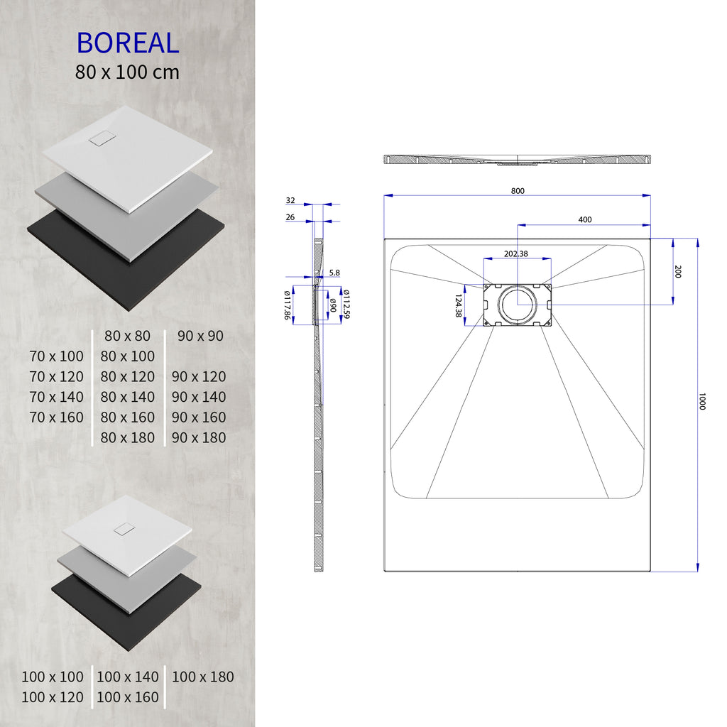 BOREAL - Base de duche branca RAL 9016 SMC antiderrapante GRIPSTONE com sifão incluído