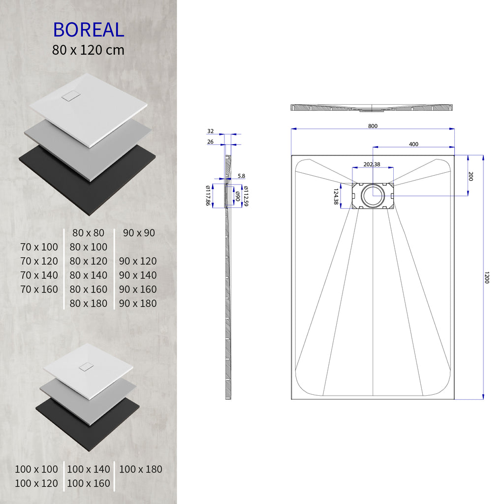 BOREAL - Base de duche preta RAL 7021 SMC antiderrapante GRIPSTONE com sifão incluído
