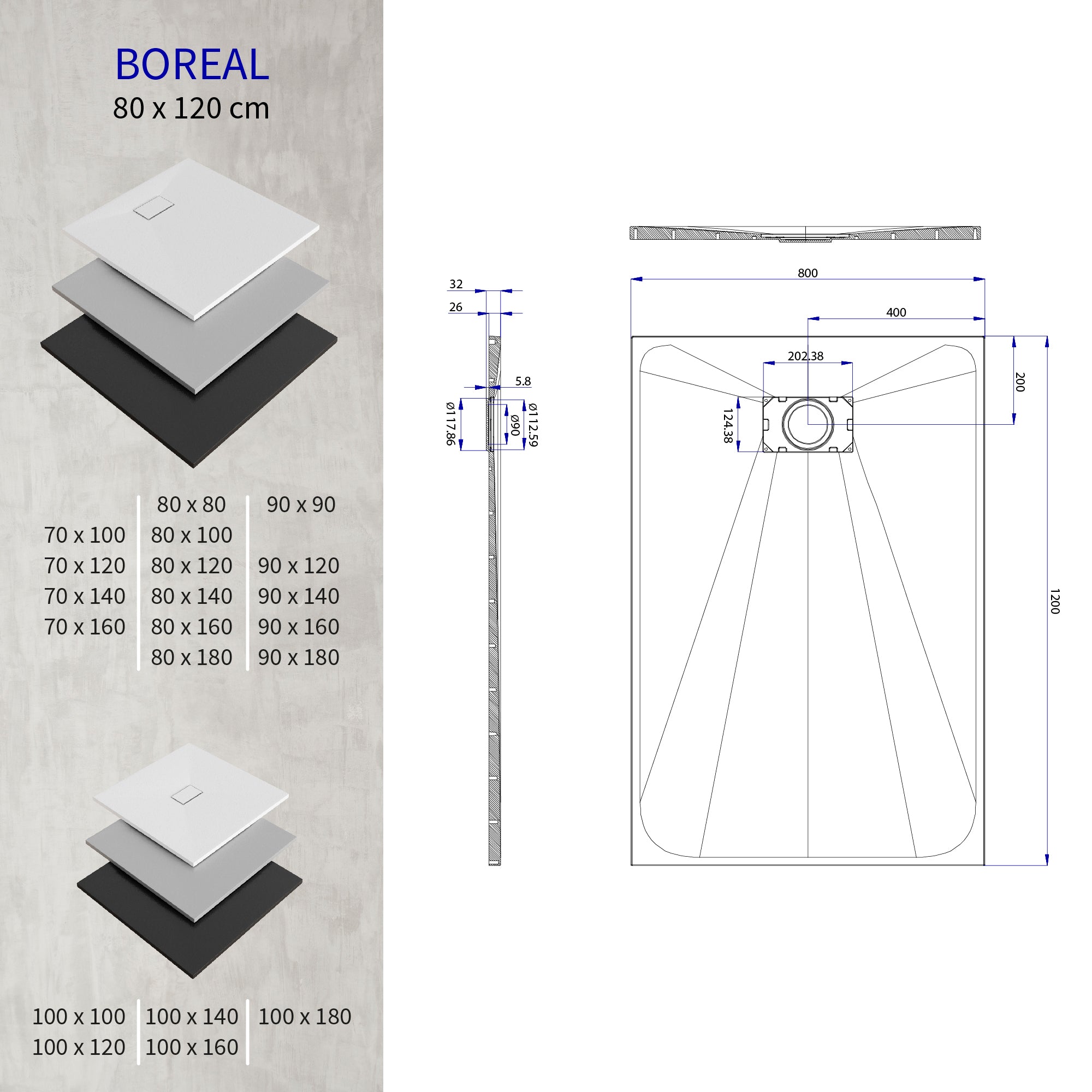 BOREAL - Base de duche cinzenta RAL 7030 SMC antiderrapante GRIPSTONE com sifão incluído