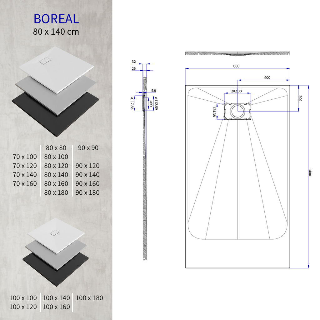 BOREAL - Base de duche branca RAL 9016 SMC antiderrapante GRIPSTONE com sifão incluído