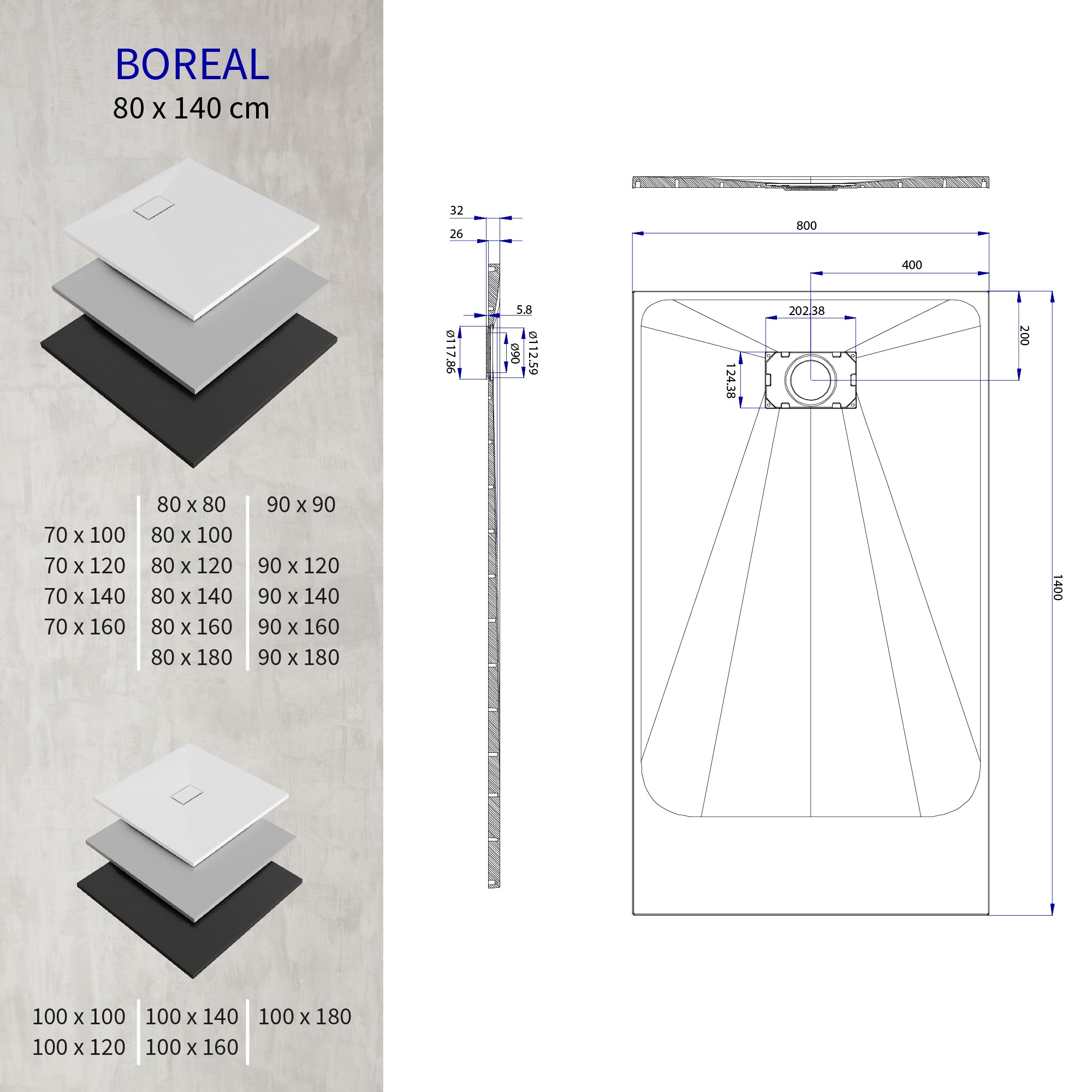 BOREAL - Base de duche branca RAL 9016 SMC antiderrapante GRIPSTONE com sifão incluído