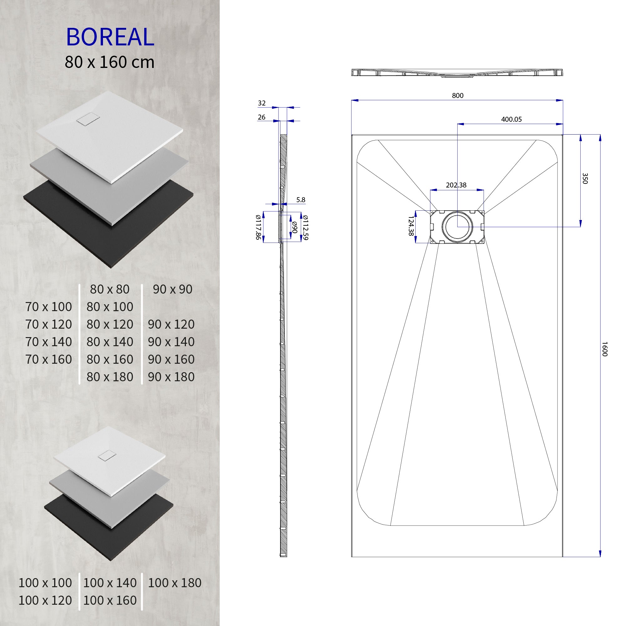 BOREAL - Base de duche preta RAL 7021 SMC antiderrapante GRIPSTONE com sifão incluído