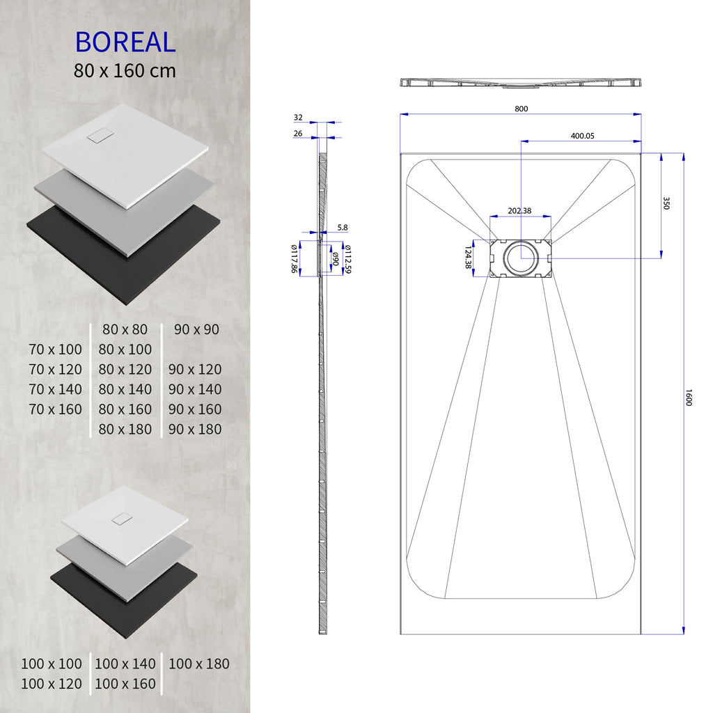 BOREAL - Base de duche cinzenta RAL 7030 SMC antiderrapante GRIPSTONE com sifão incluído