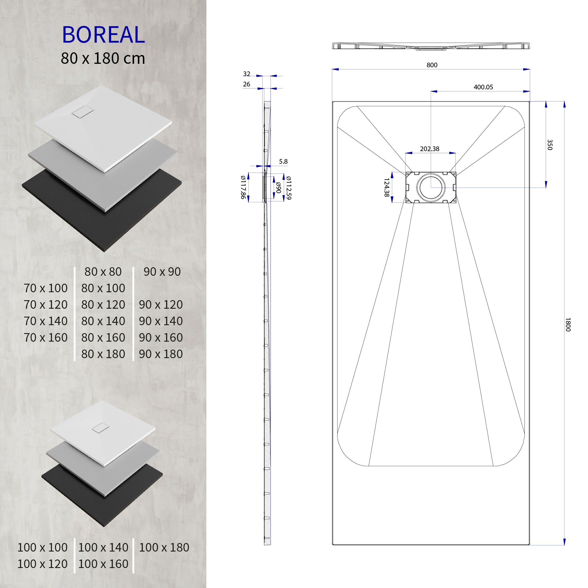 BOREAL - Base de duche preta RAL 7021 SMC antiderrapante GRIPSTONE com sifão incluído