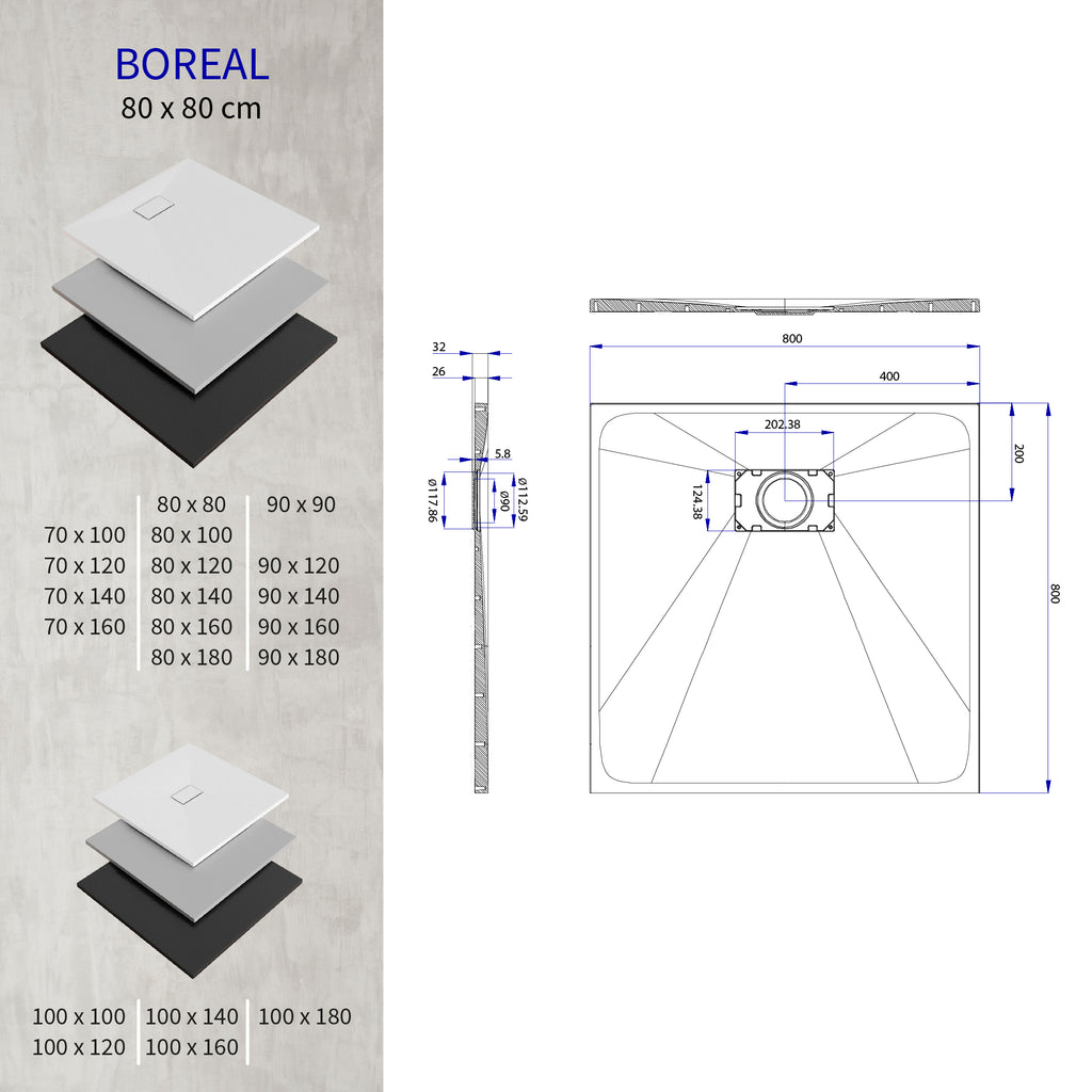BOREAL - Base de duche preta RAL 7021 SMC antiderrapante GRIPSTONE com sifão incluído