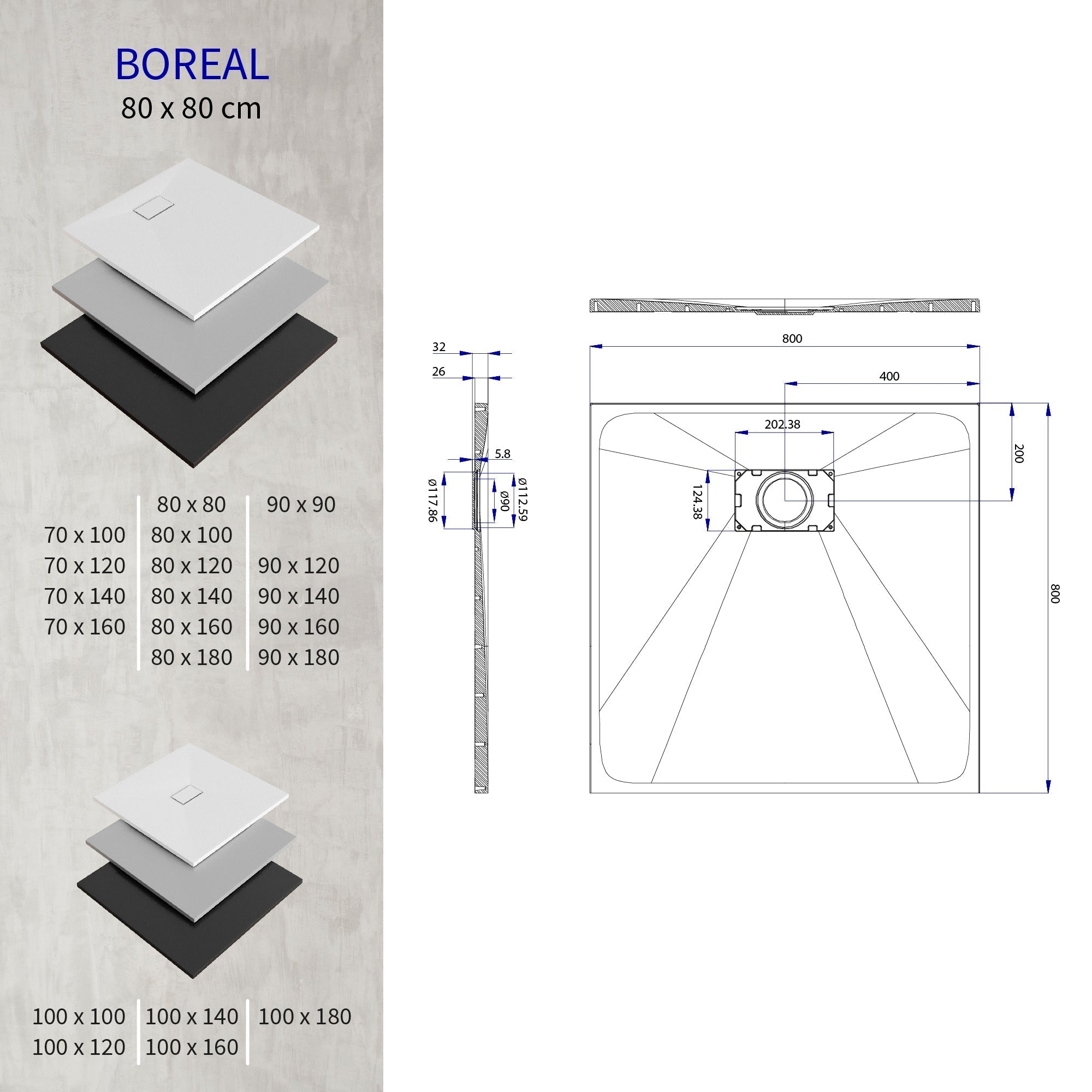 BOREAL - Base de duche antiderrapante com acabamento cinzento e sifão incluído
