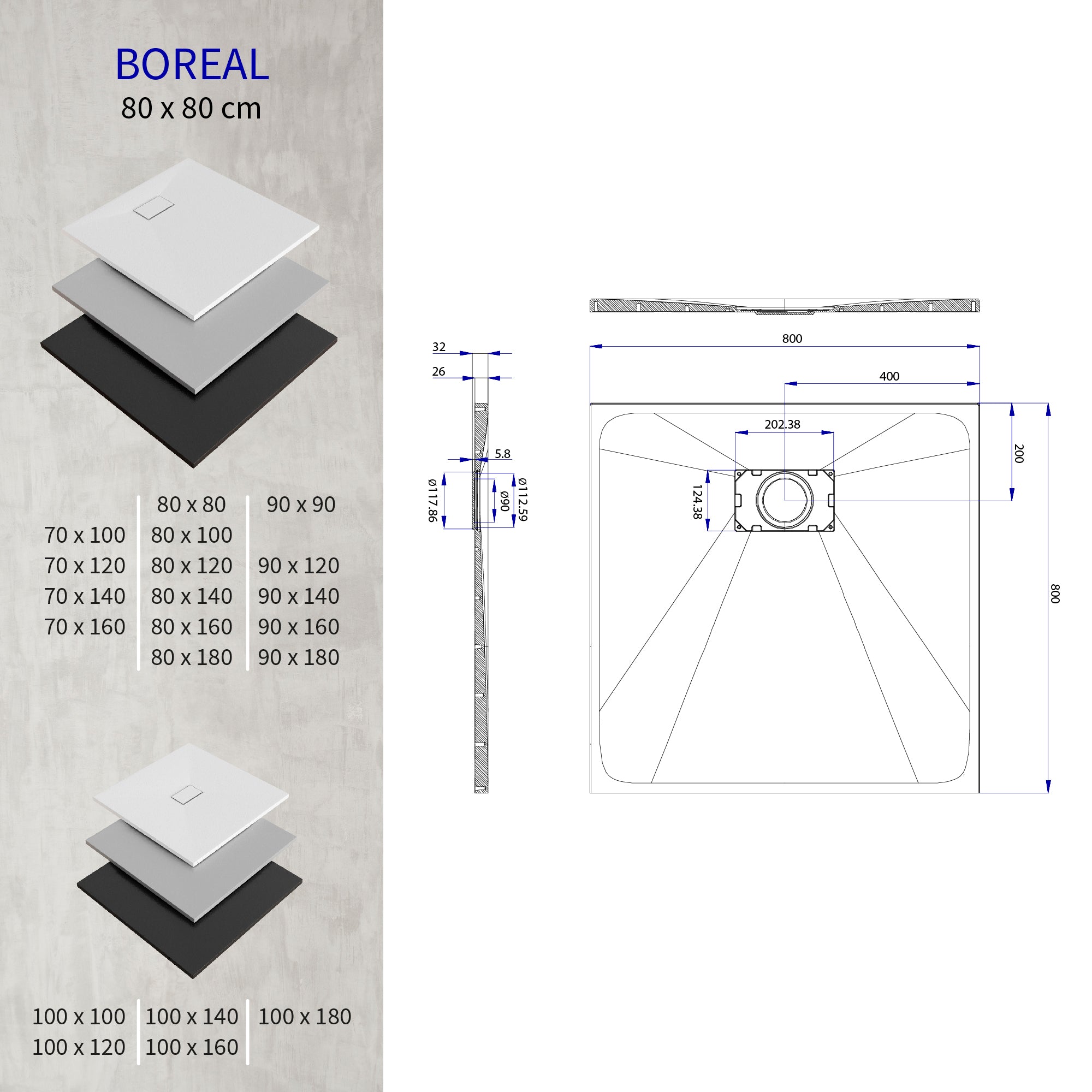 BOREAL - Base de duche branca RAL 9016 SMC antiderrapante GRIPSTONE com sifão incluído