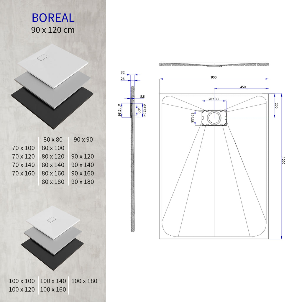 BOREAL - Base de duche preta RAL 7021 SMC antiderrapante GRIPSTONE com sifão incluído