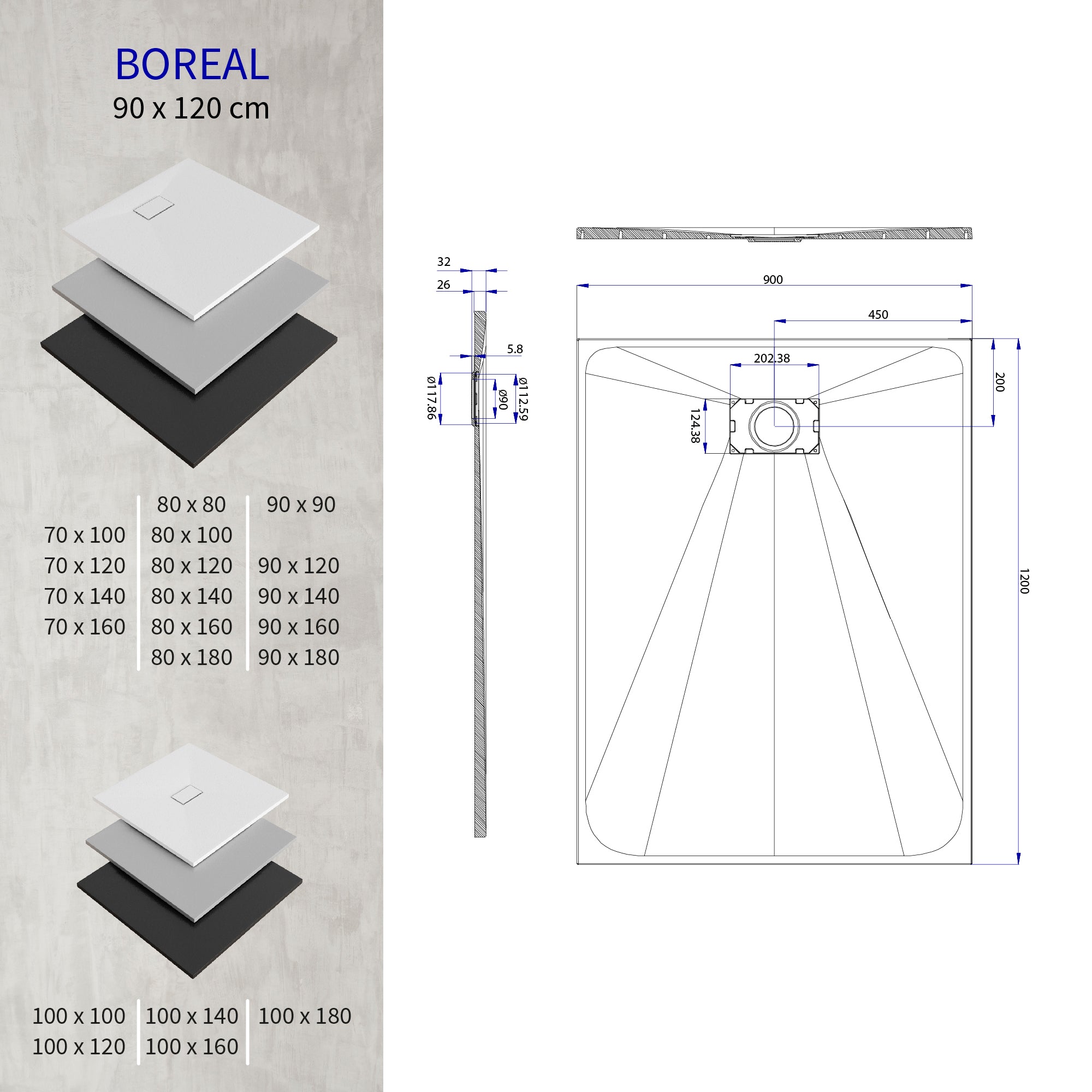 BOREAL - Base de duche branca RAL 9016 SMC antiderrapante GRIPSTONE com sifão incluído