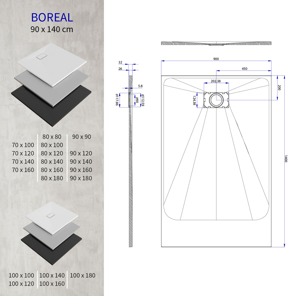 BOREAL - Base de duche branca RAL 9016 SMC antiderrapante GRIPSTONE com sifão incluído