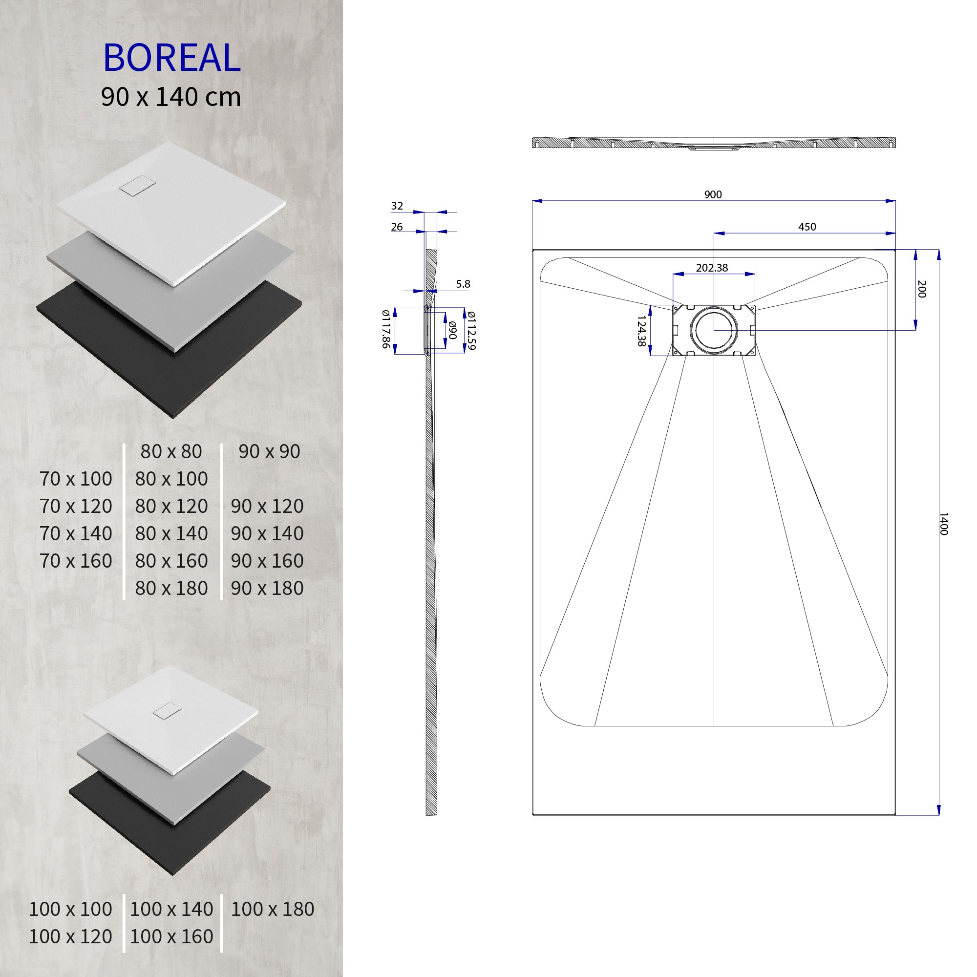 BOREAL - Base de duche cinzenta RAL 7030 SMC antiderrapante GRIPSTONE com sifão incluído