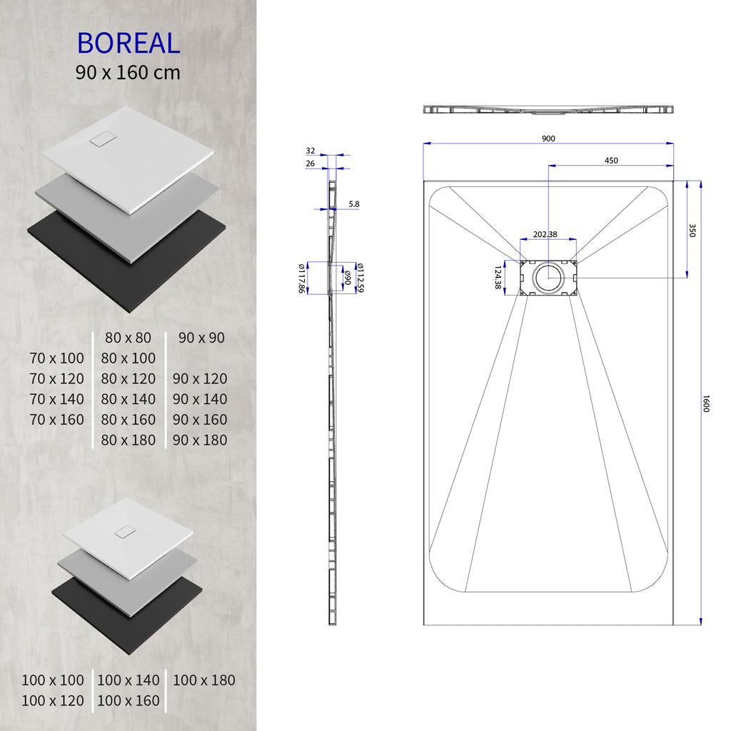 BOREAL - Base de duche preta RAL 7021 SMC antiderrapante GRIPSTONE com sifão incluído