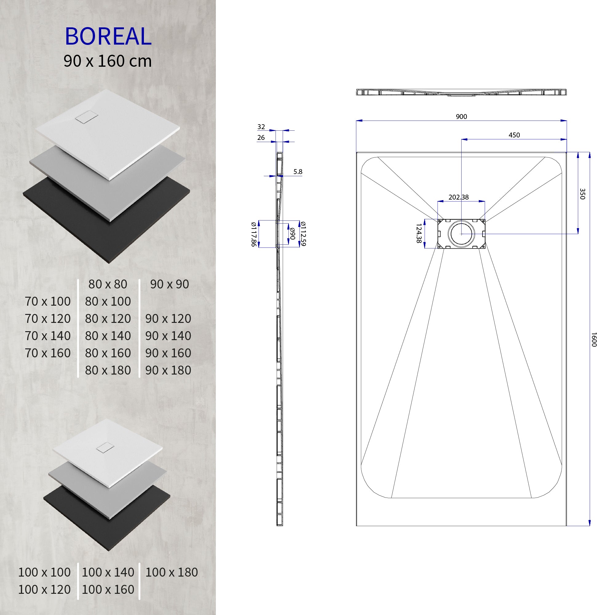 BOREAL - Base de duche preta RAL 7021 SMC antiderrapante GRIPSTONE com sifão incluído