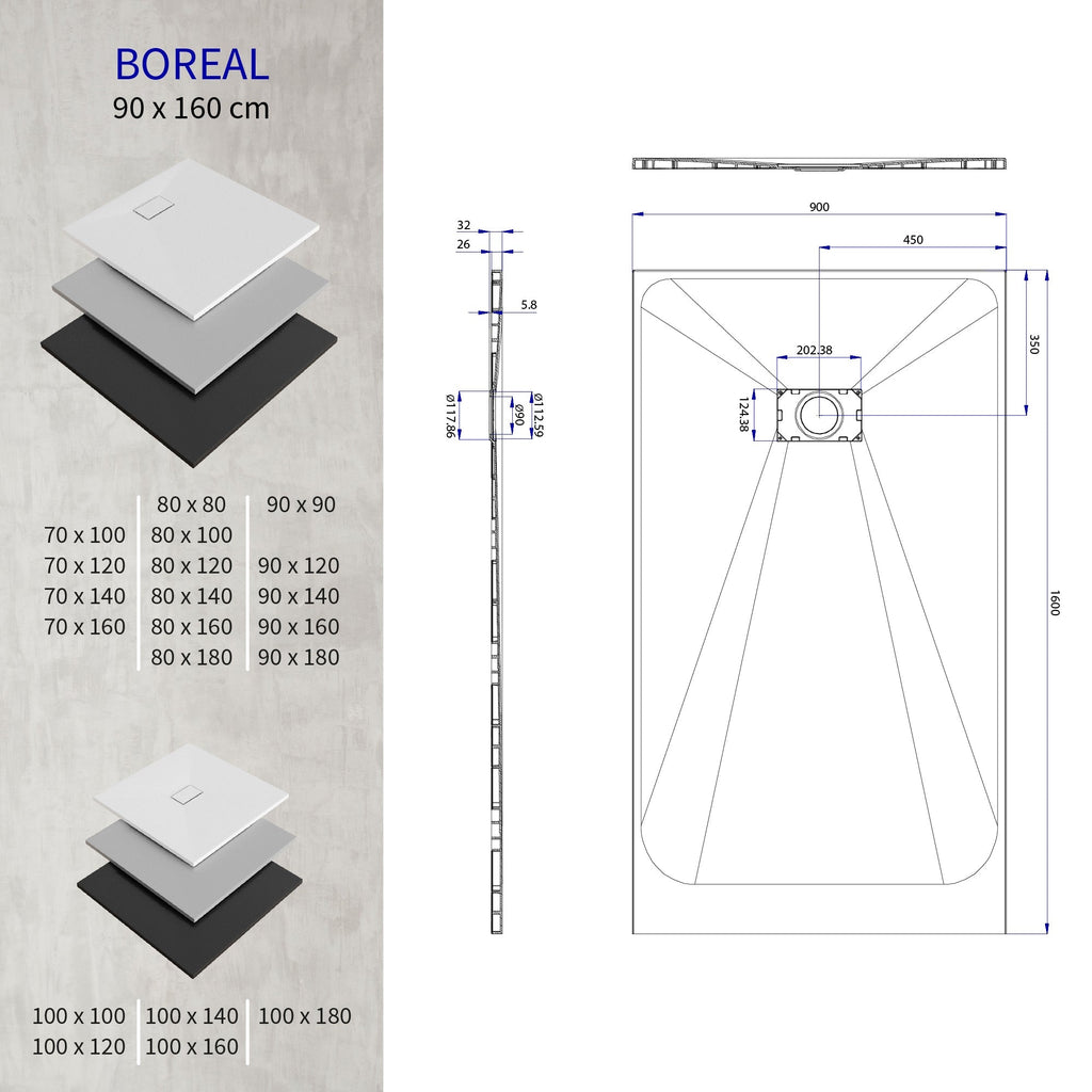 BOREAL - Base de duche antiderrapante com acabamento preto e sifão incluído