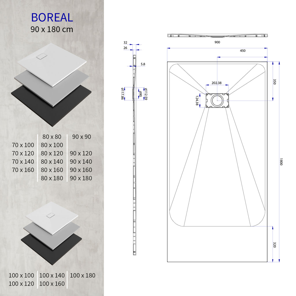BOREAL - Base de duche preta RAL 7021 SMC antiderrapante GRIPSTONE com sifão incluído