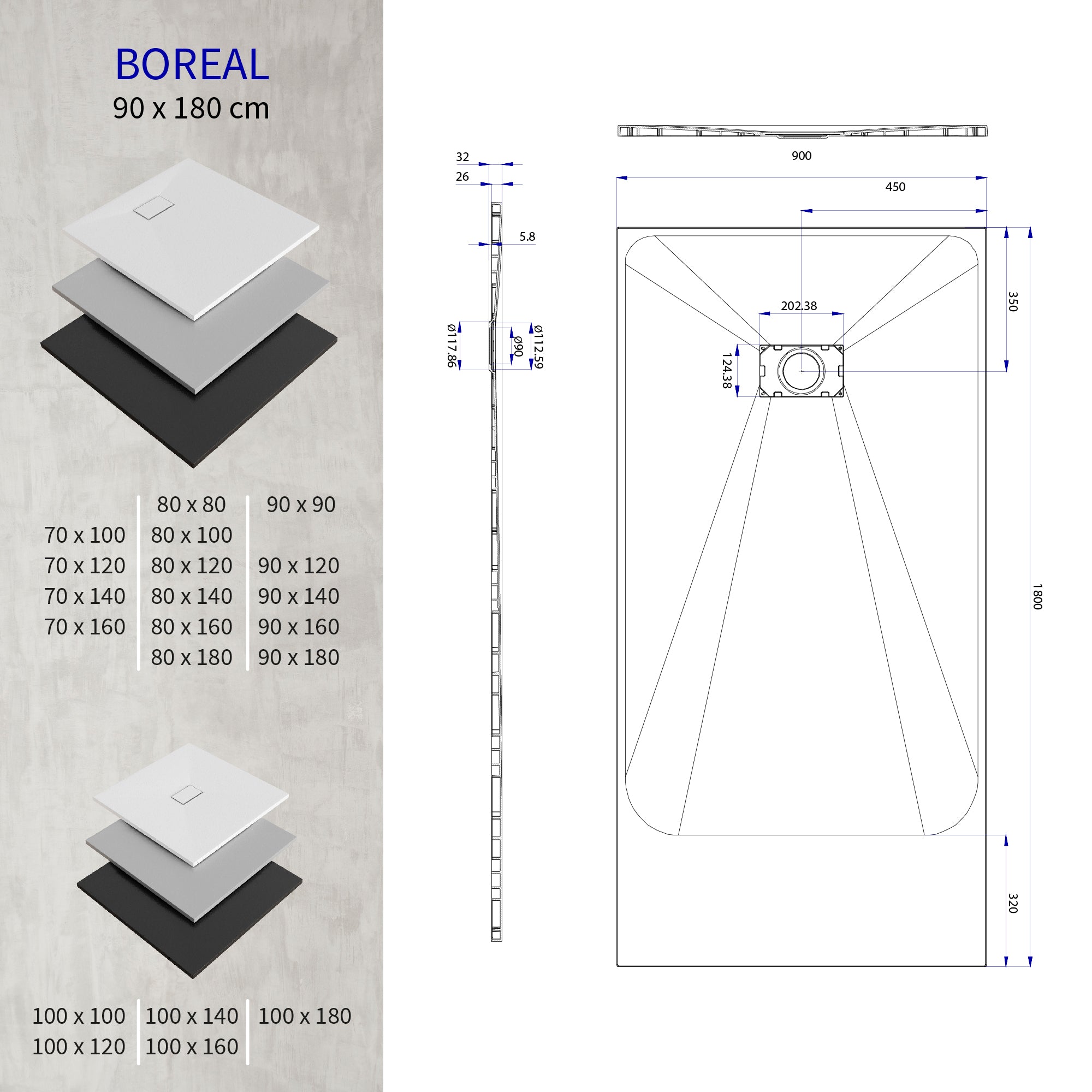 BOREAL - Base de duche antiderrapante com acabamento preto e sifão incluído
