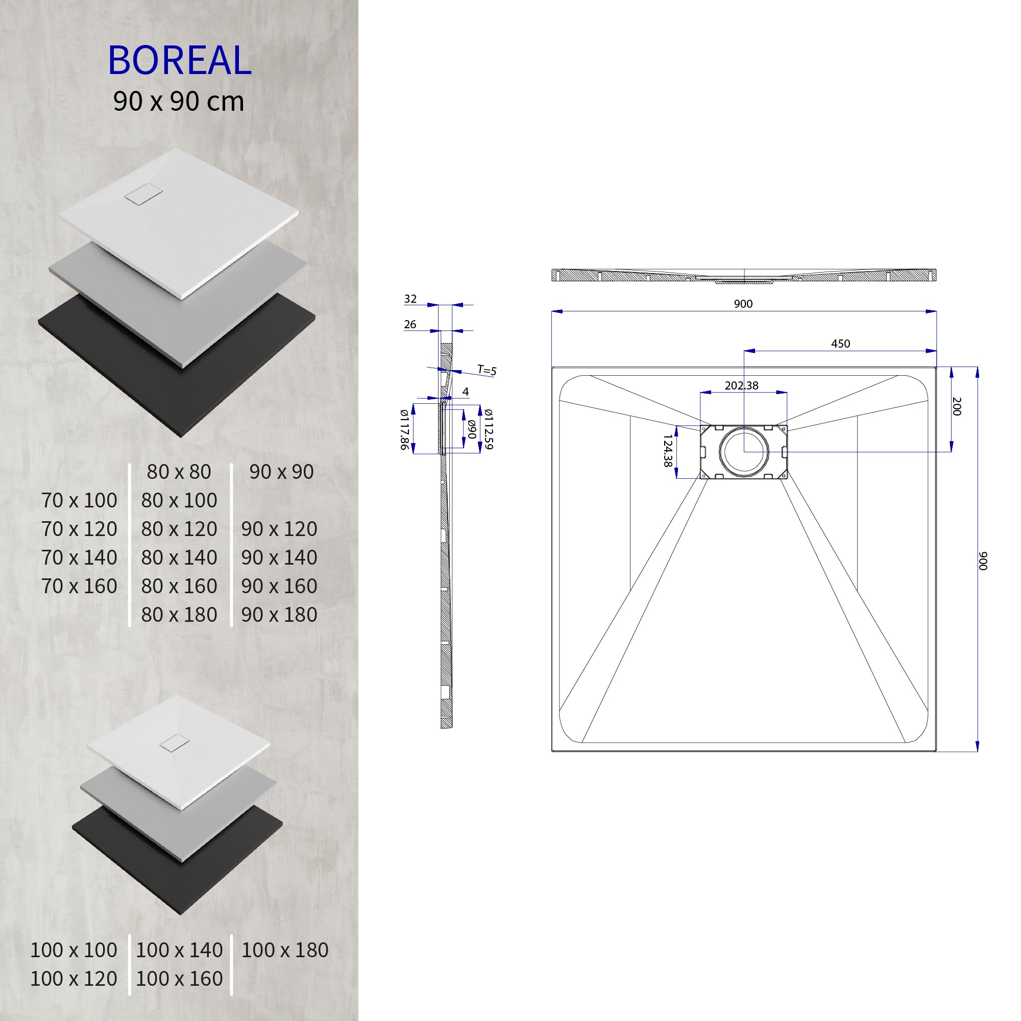 BOREAL - Base de duche branca RAL 9016 SMC antiderrapante GRIPSTONE com sifão incluído